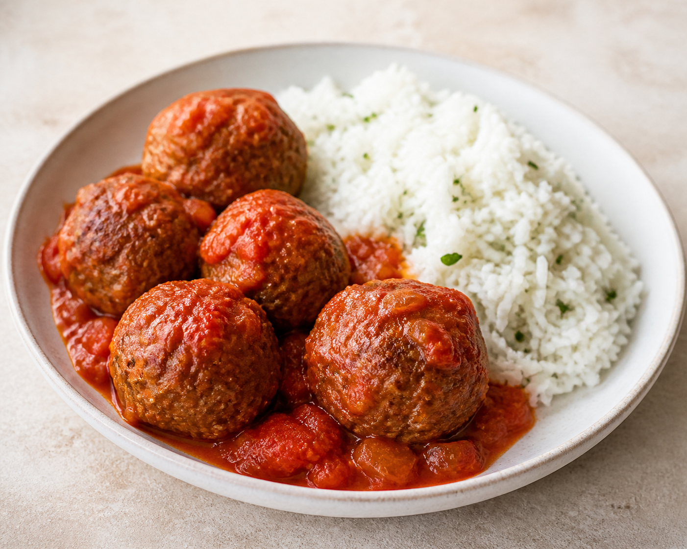 Cuban Beef and Sweet Plantain Meatballs in Tomato Sofrito with Lime Rice
