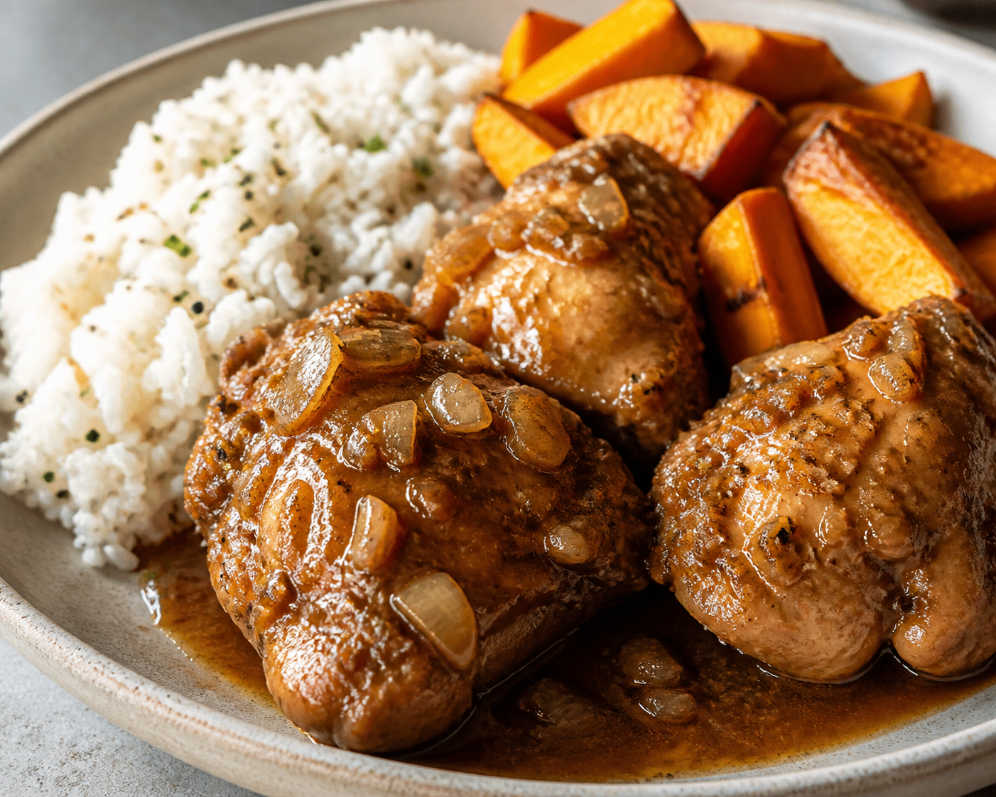 Cuban Braised Chicken in Tamarind-Cumin Mojo with Sesame Rice and Golden Squash