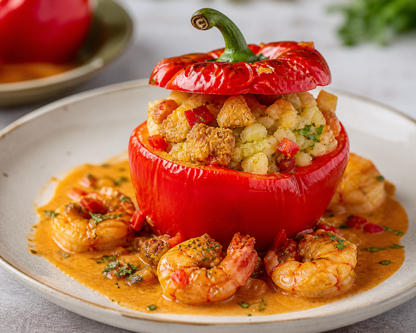 Bell Peppers Stuffed with Yuca Mofongo and Shrimp in Creole Coconut Sauce