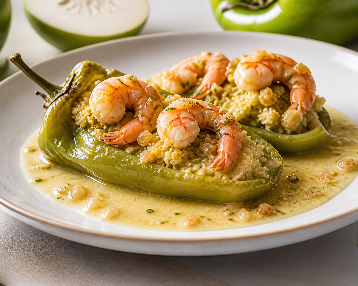 Pimientos Cubanos Rellenos de Mofongo de Pana y Camarones al Sofrito de Coco