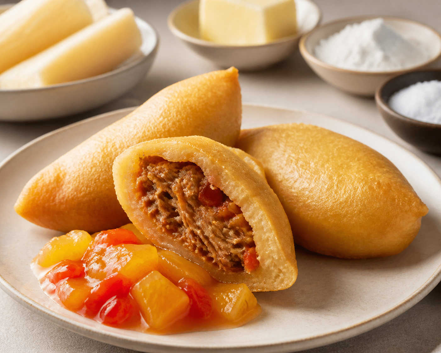 Pastelitos de Yuca Rellenos de Cerdo al Sofrito con Salsa de Piña y Ají Dulce