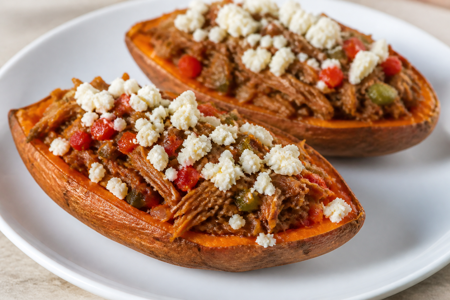 Sweet Potato Canoes with Shredded Beef in Pepper Sofrito and White Cheese Finish