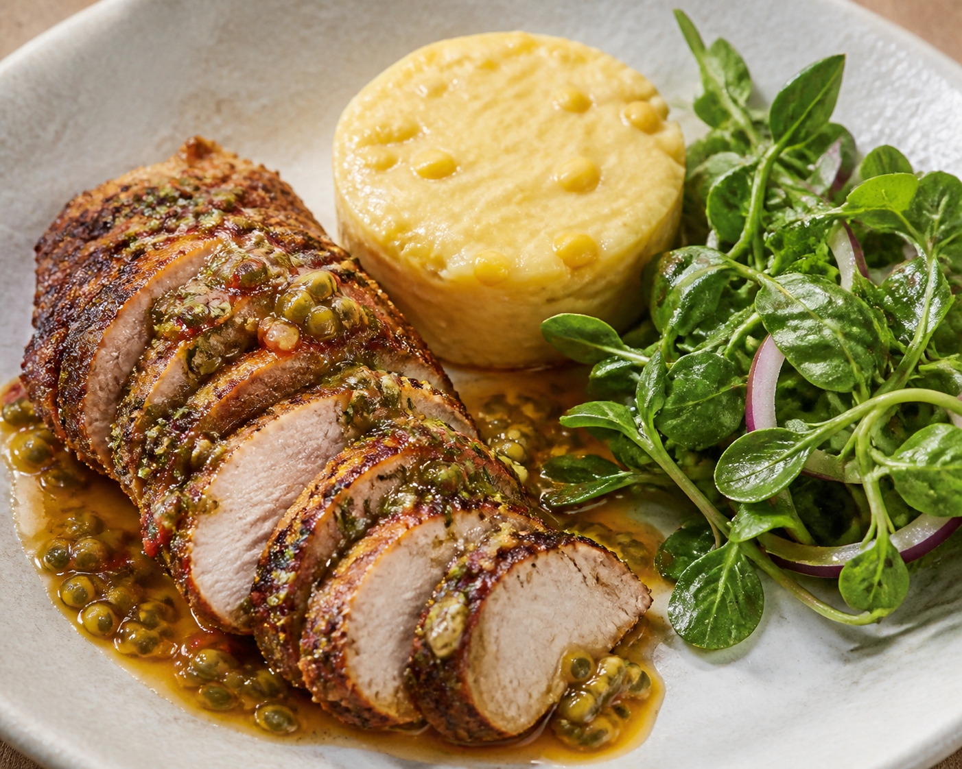 Puerto Rican Pork Loin in Passion Fruit and Oregano Marinade with Creamy Corn Funche and Watercress Salad