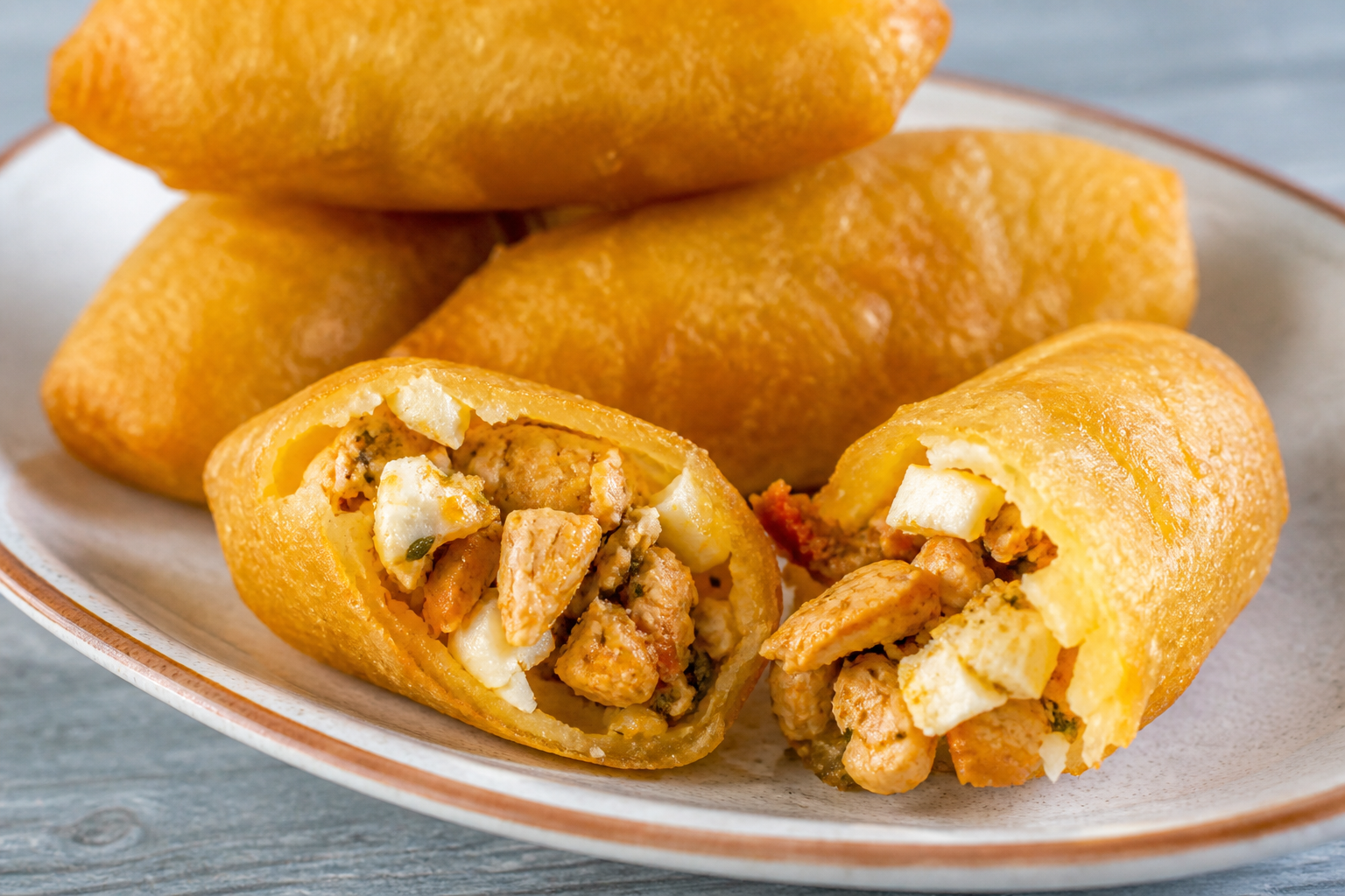 Pastelitos de Yuca Rellenos de Pollo al Sofrito de Piña y Queso Fresco