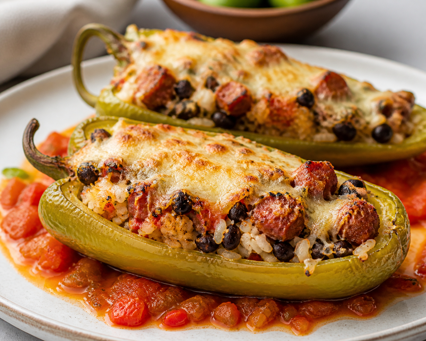 Cubanelle Peppers Stuffed with Rice, Salchichón, Black Beans, and Cheese in Sofrito