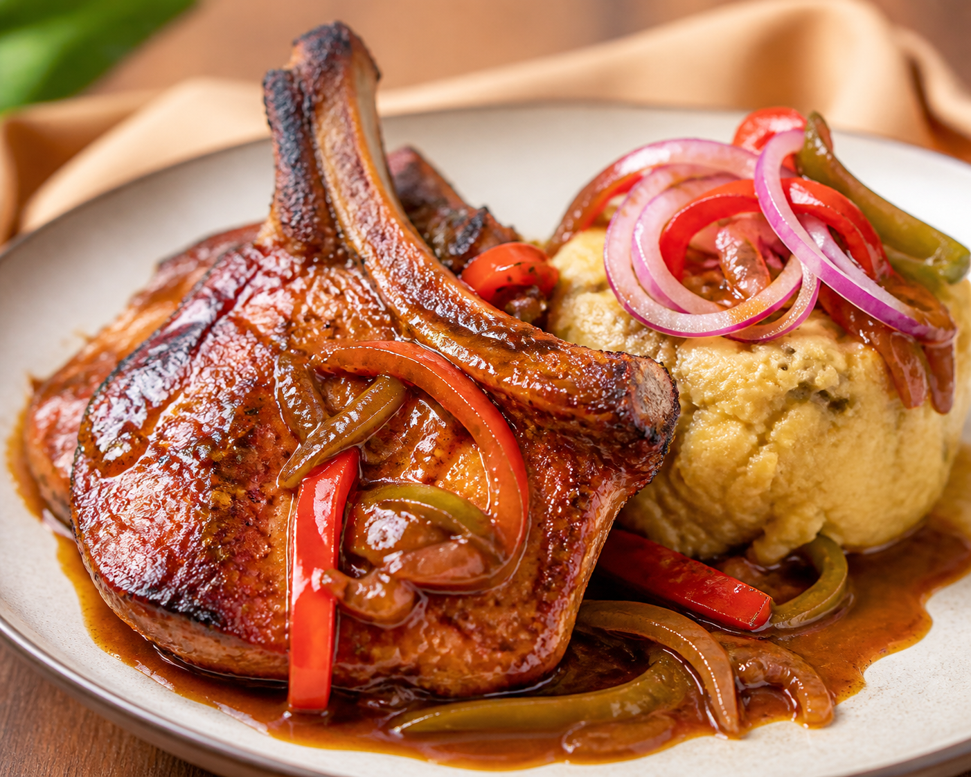 Chuletas Dominicanas en Salsa de Tamarindo y Ajíes Dulces con Mangú de Coco Salado