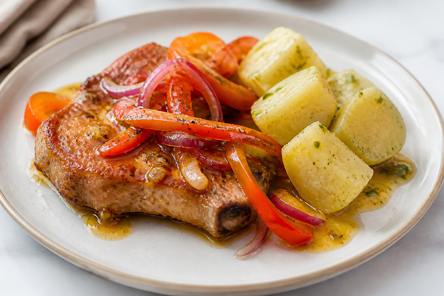 Dominican Pork Chops in Warm Passion Fruit Escabeche with Mojo Yuca and Sweet Peppers