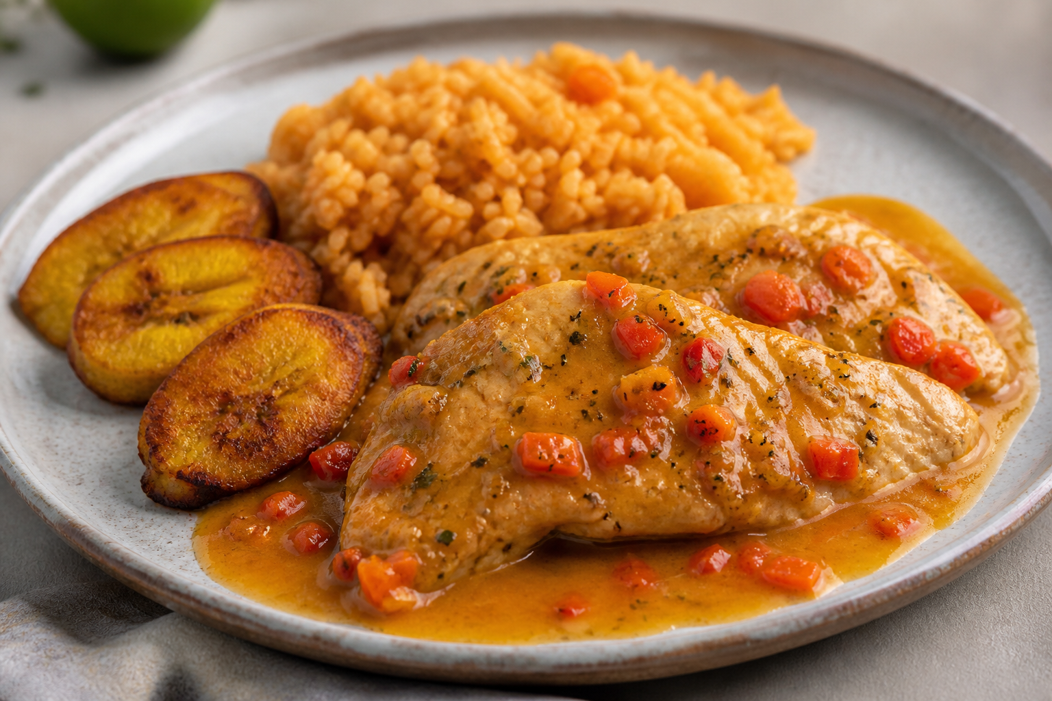 Dominican Turkey Breast in Coconut, Lime and Sweet Pepper Sauce with Red Lentil Rice and Crispy Green Plantain