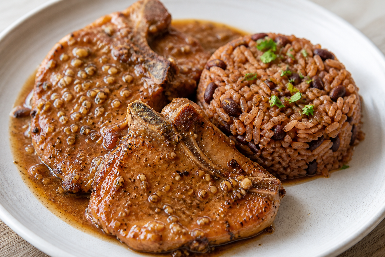 Chuletas Dominicanas en Salsa de Ajonjolí Tostado y Limas con Arroz de Guandules Tiernos