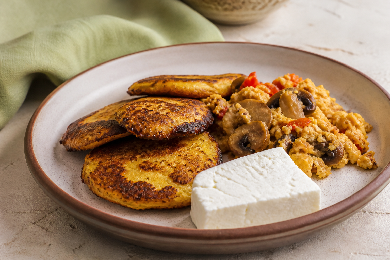 Panquecas Criollas de Ñame y Maíz con Perico de Champiñones, Ají Dulce y Queso Llanero