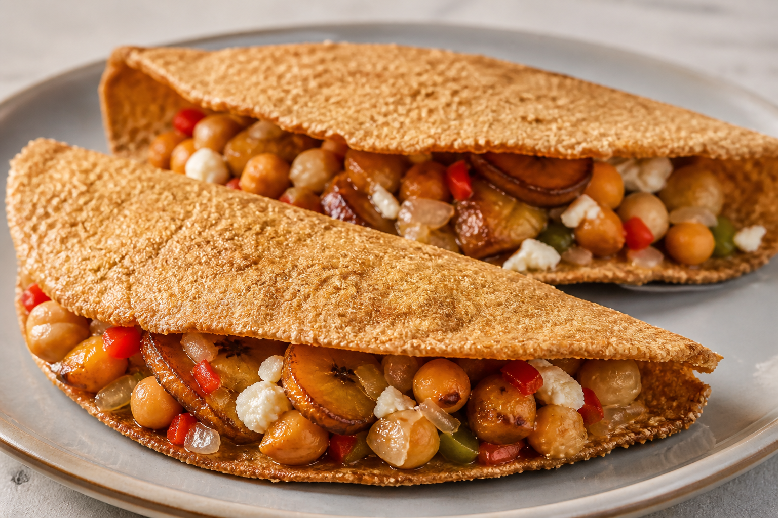 Pastelitos Crujientes de Casabe con Pabellón de Garbanzos, Plátano y Queso Blanco