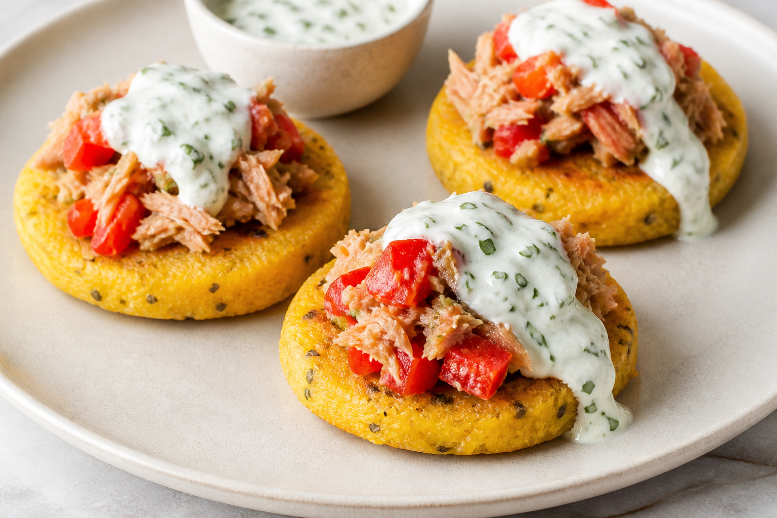 Chia and Pumpkin Arepitas with Sweet Pepper Tuna and Cilantro Yogurt