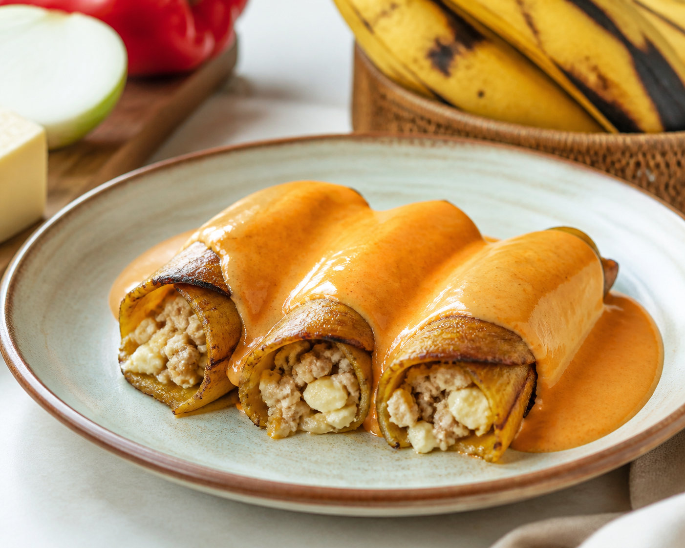 Canelones Criollos de Plátano Maduro con Pavo al Papelón y Bechamel de Ají Dulce