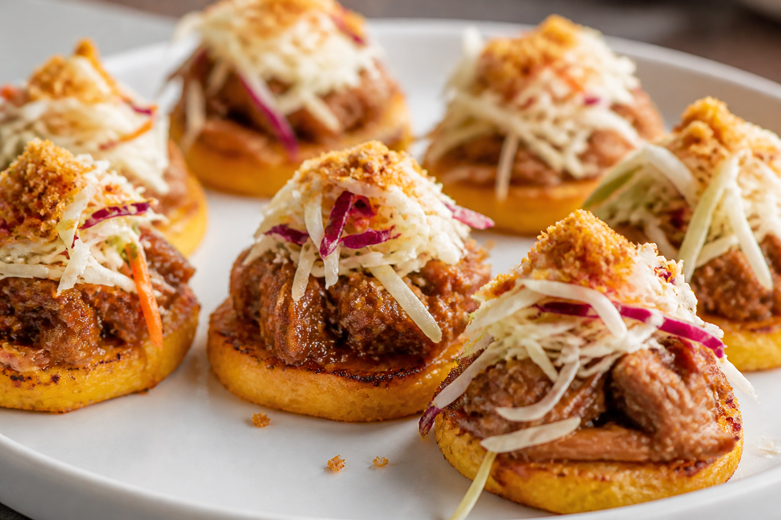 Cachapitas de Ñame y Maíz con Cerdo Mechado al Papelón Cítrico y Ensalada de Repollo