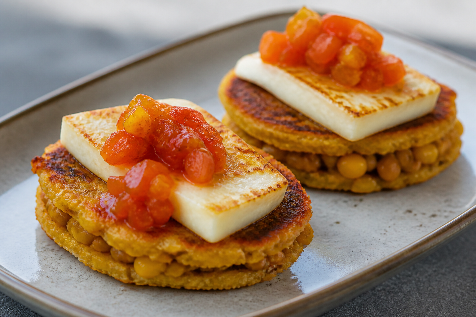Pigeon Pea and Coconut Mini Cachapas with Sweet Pepper Sofrito and Seared Cheese