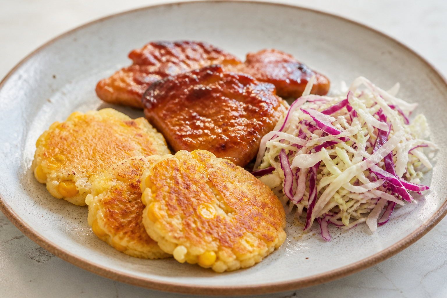 Sweet Corn and Barley Mini Griddles with Citrus Panela Pork and Cabbage Slaw
