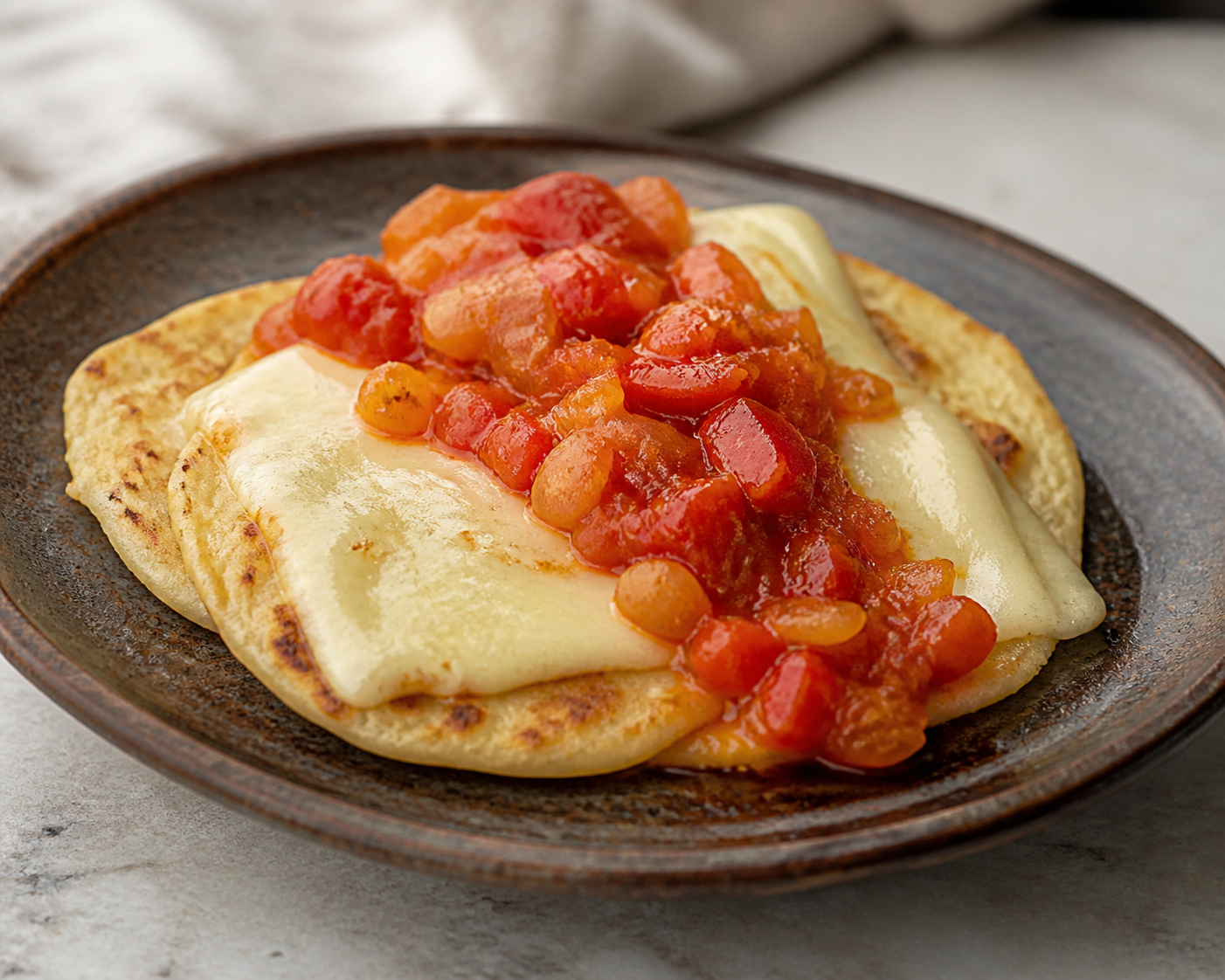 Panquecitos Llaneros de Casabe y Queso con Perico de Tomate Asado