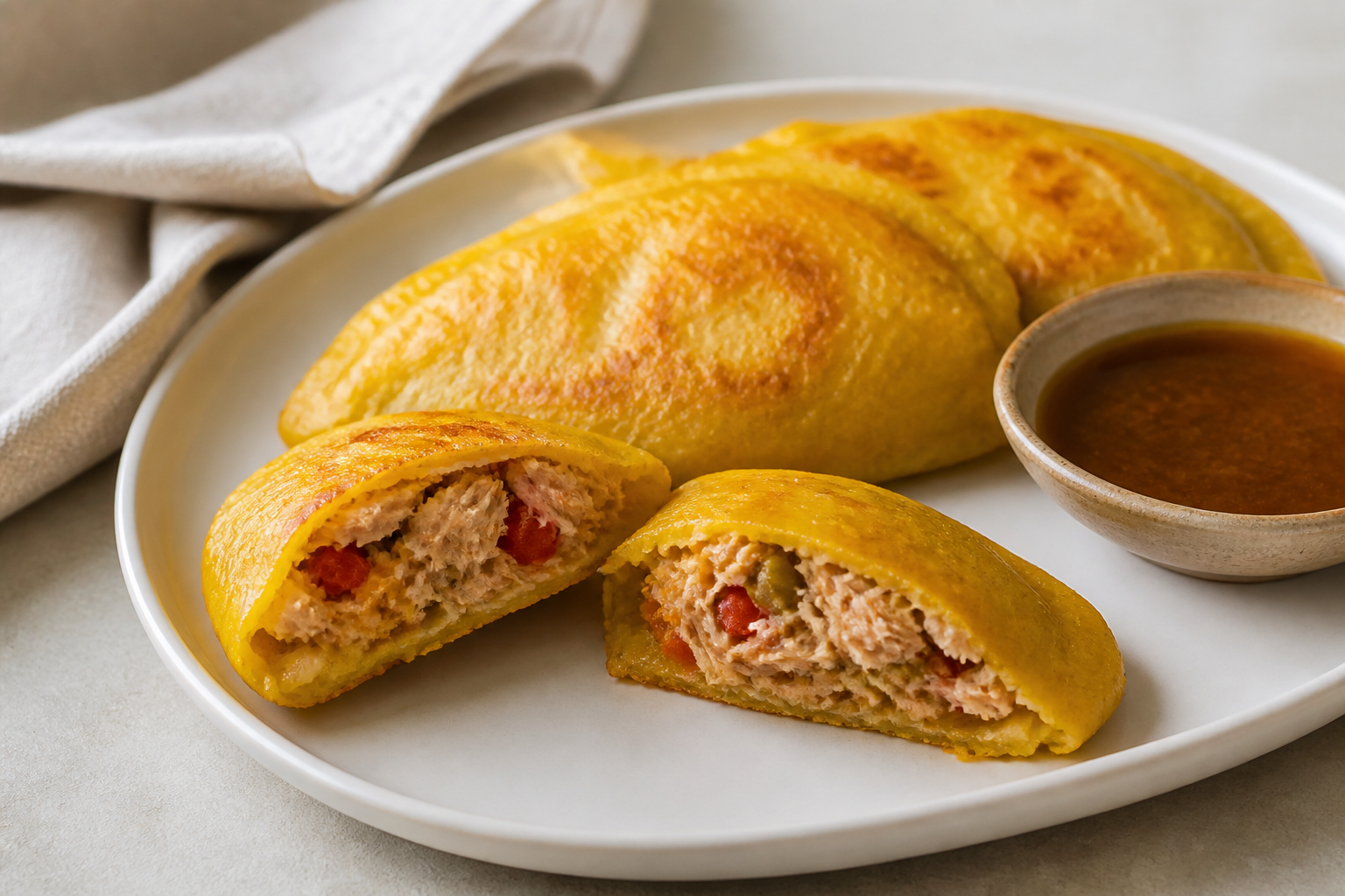 Caracas-Style Cassava Flatbread Turnovers with Tuna Reina Filling and Panela-Lime Mojo