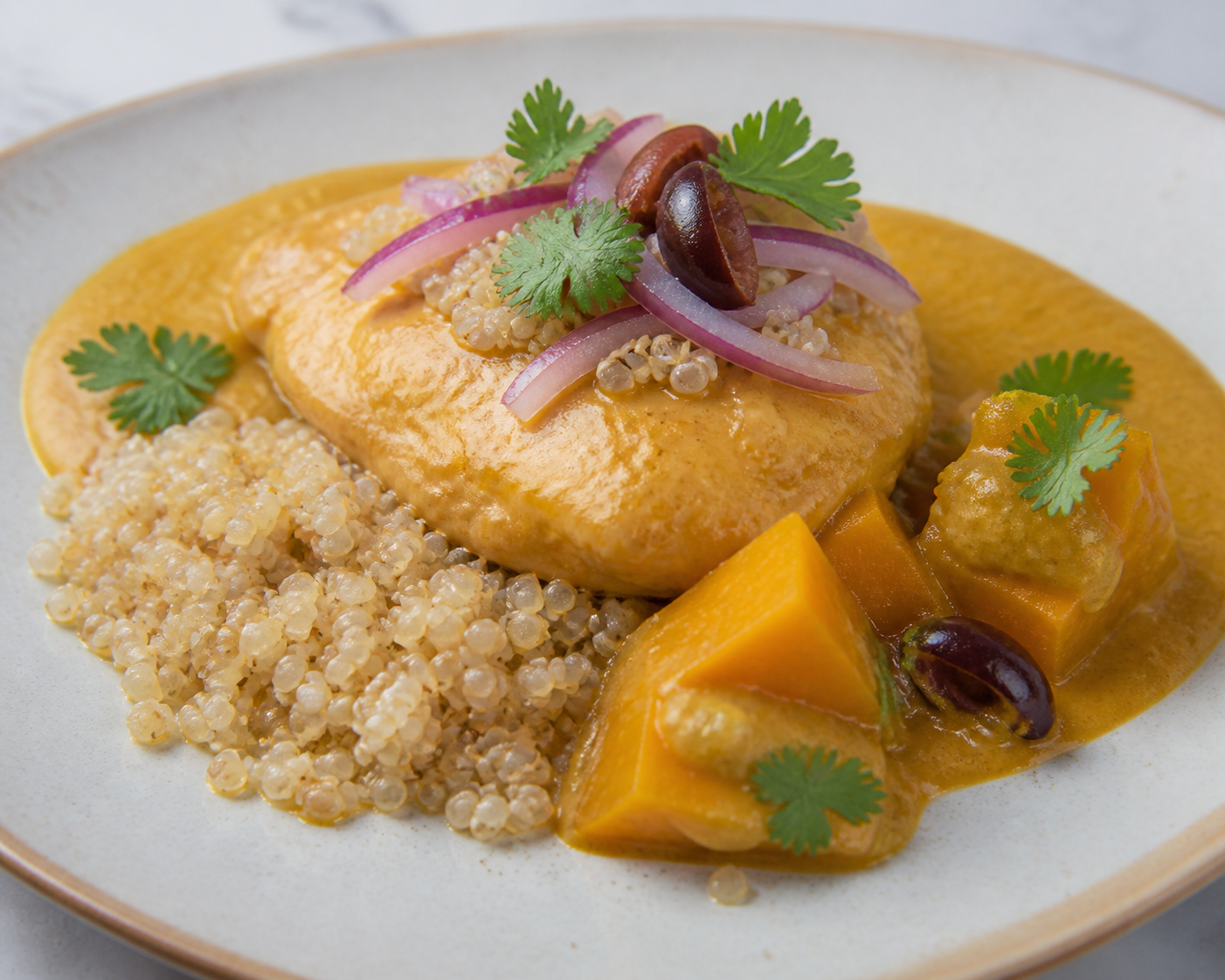 Pepián Costeño de Quinua con Pollo Dorado, Zapallo Loche y Aceituna Botija