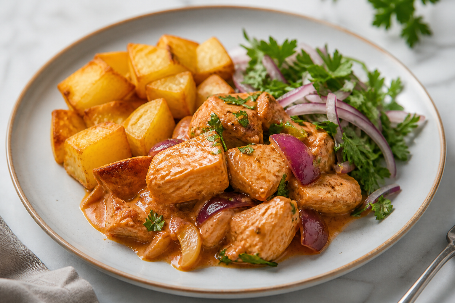 Turkey and Peanut Peruvian Picante with Crispy Yellow Potatoes and Herb Salad