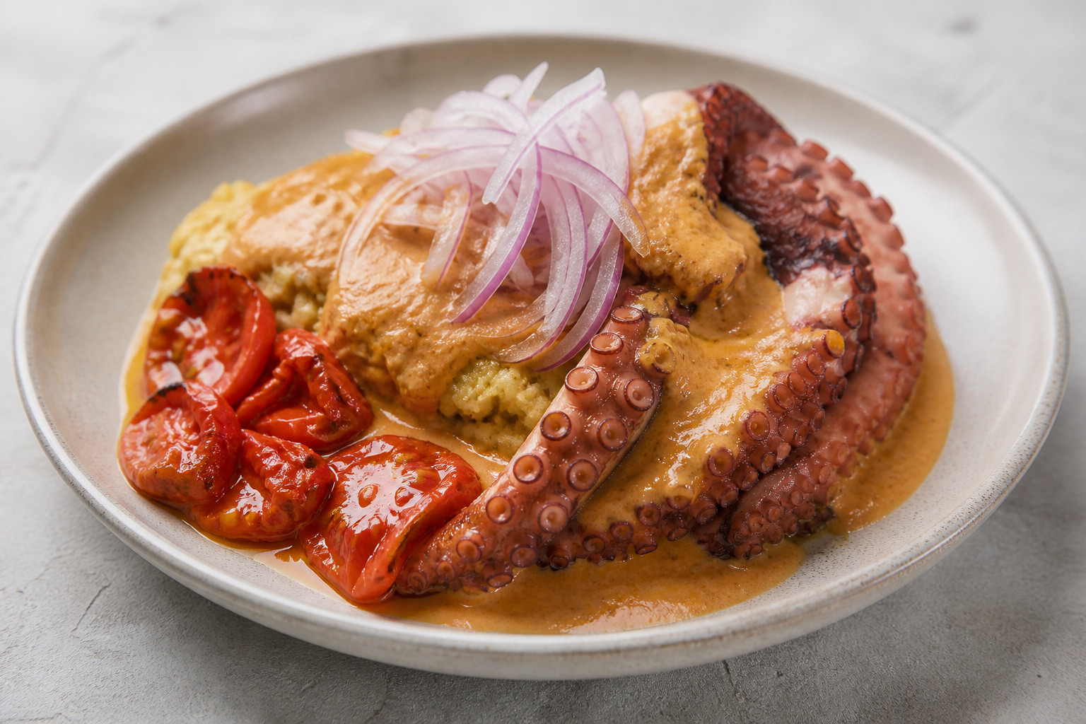 Tacu Tacu de Pallares con Pulpo al Olivo de Rocoto y Tomates Asados