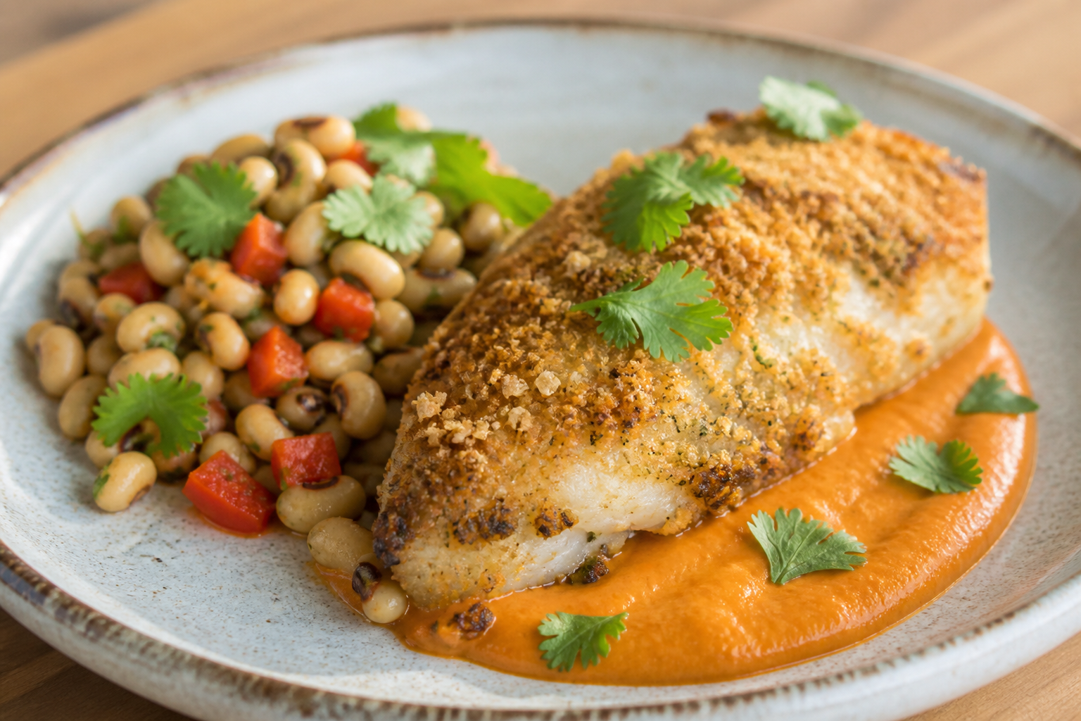 Wood-Fired Style Tilapia with Casabe Crust, Sweet Pepper Cream, and Warm Black-Eyed Pea Salad