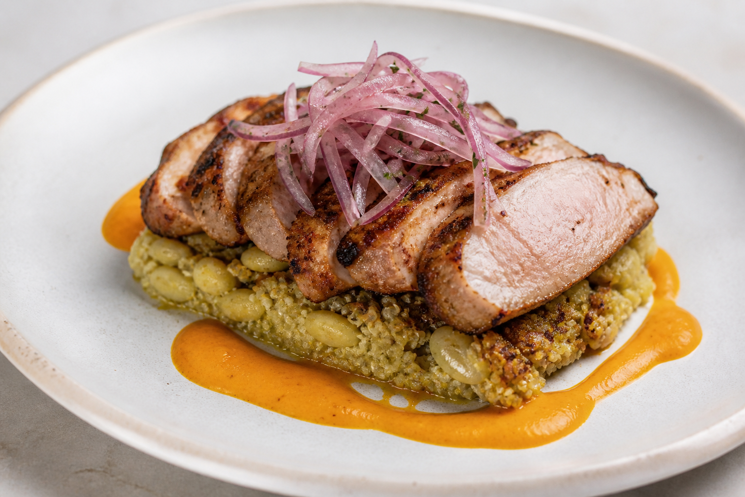 Pallar and Quinoa Tacu Tacu with Coffee-Seared Pork Loin, Ají Mirasol Sauce and Creole Onion Salad