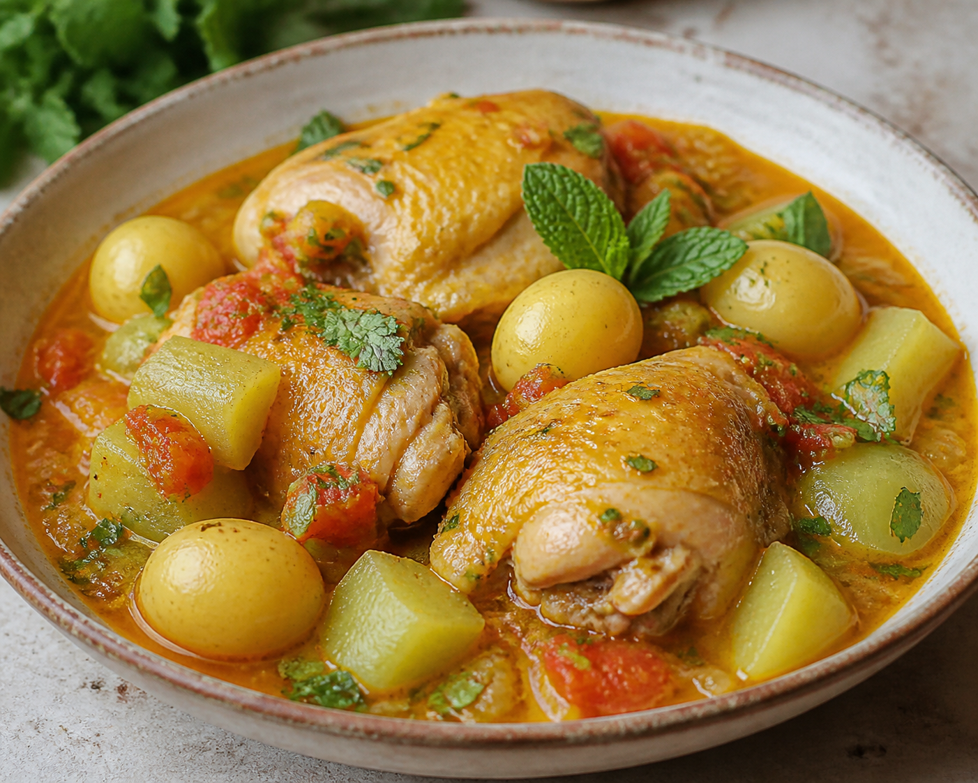 Sudado de Pollo con Papa Criolla, Guatila y Hierbabuena