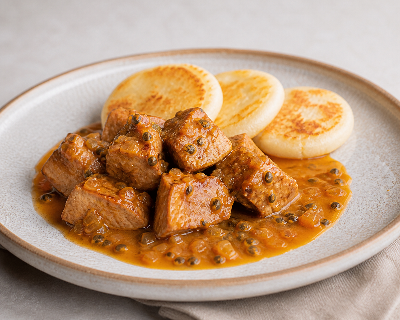 Braised Pork in Passionfruit-Hogao Sauce with Mini Yuca Arepas