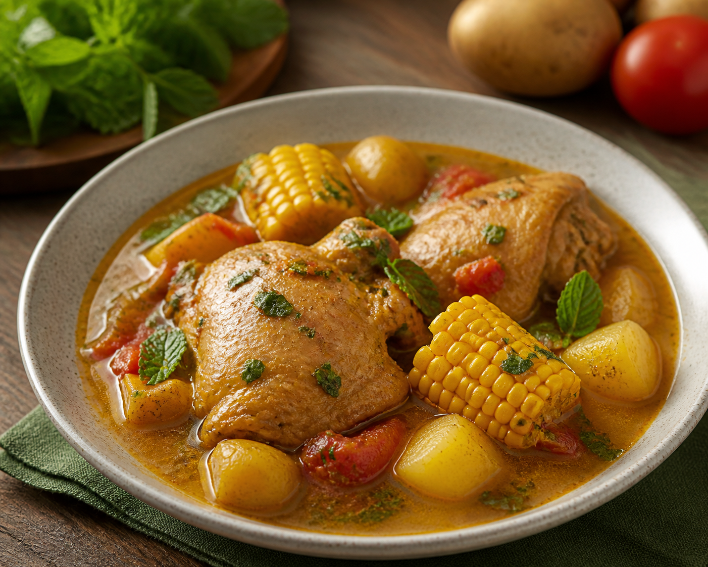 Sudado Colombiano de Pollo con Papa Criolla, Mazorca y Hierbabuena