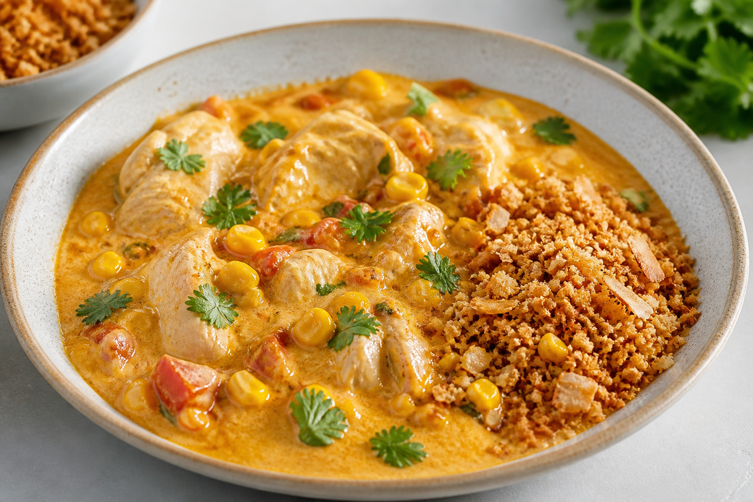 Creamy chicken moqueca with toasted corn, cilantro, and crispy coconut farofa