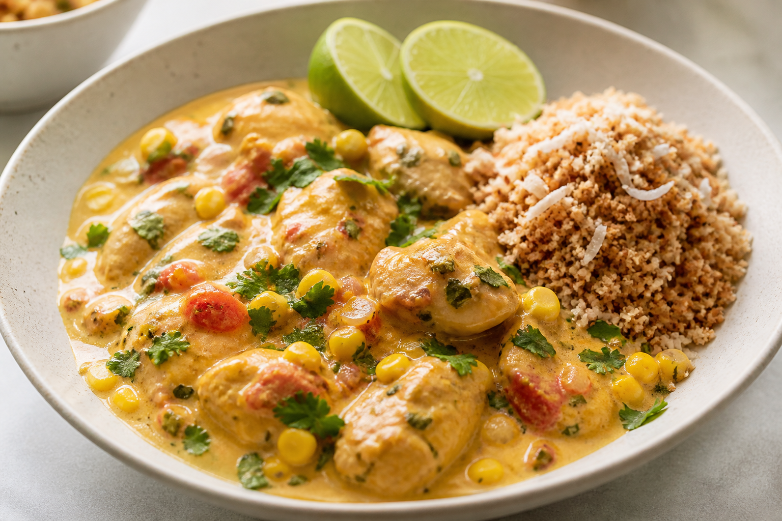 Creamy Brazilian Chicken Moqueca with Sweet Corn, Lime and Toasted Coconut Farofa