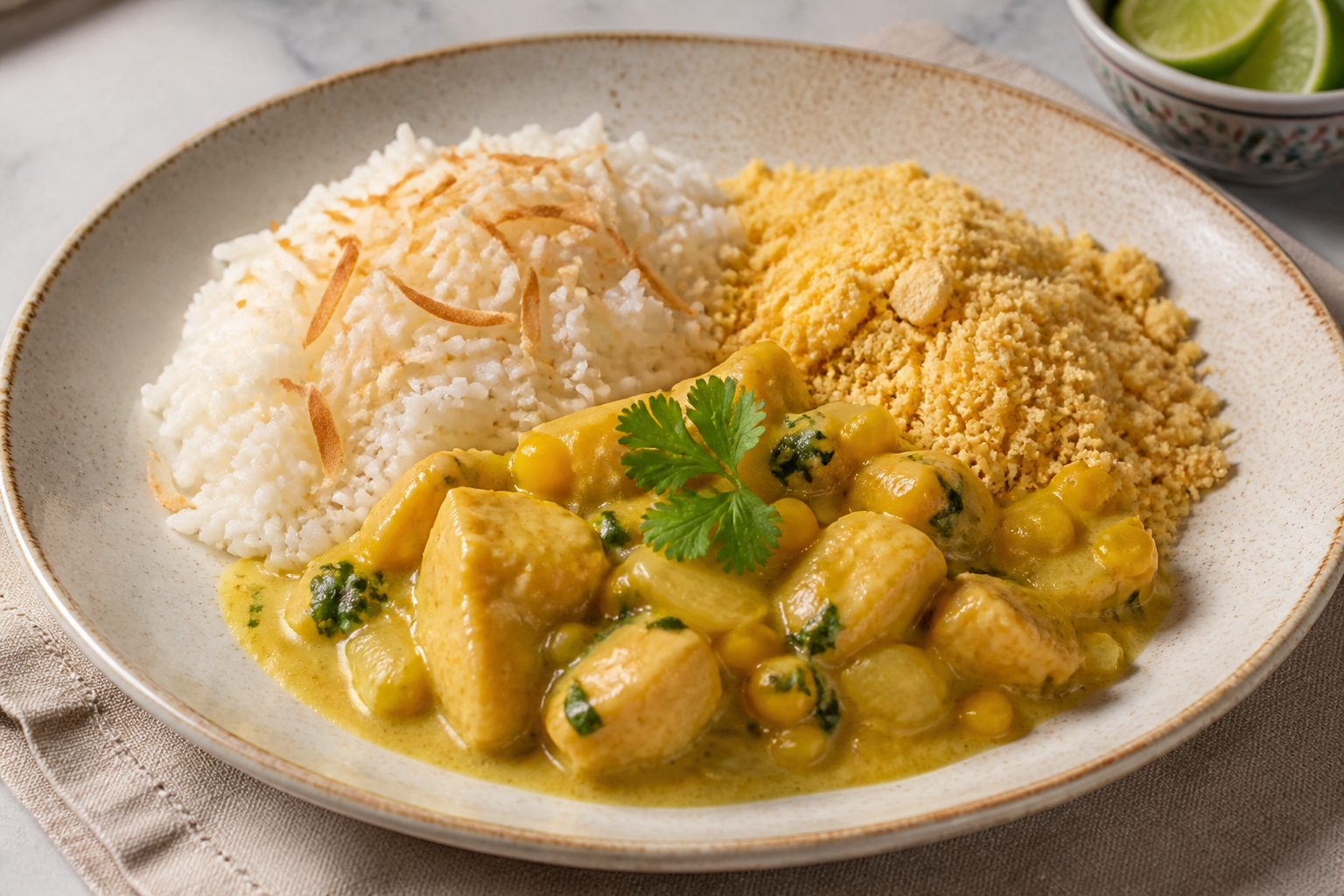 Light chicken and corn moqueca with toasted coconut rice and cassava crumbs