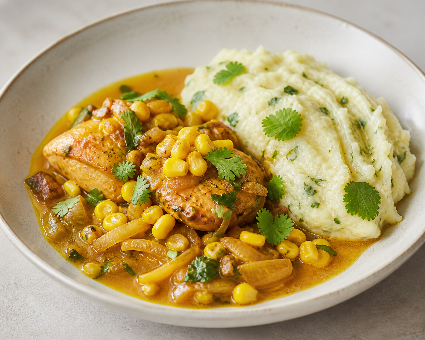 Moqueca de Pollo con Maíz Tostado y Puré Suave de Mandioca al Cilantro