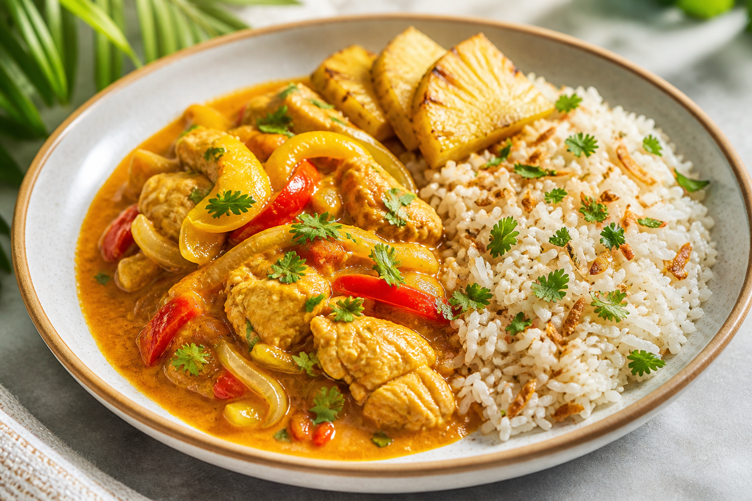 Moqueca Bahiana de Pollo con Piña Asada y Arroz de Coco Tostado