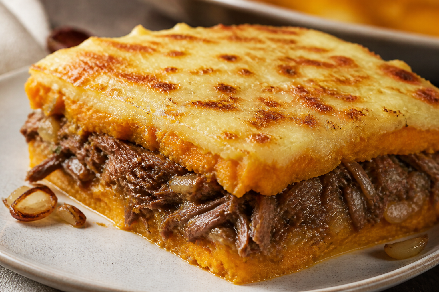 Criollo sweet potato pie with shredded roast beef, cumin onions, and queso sardo gratin