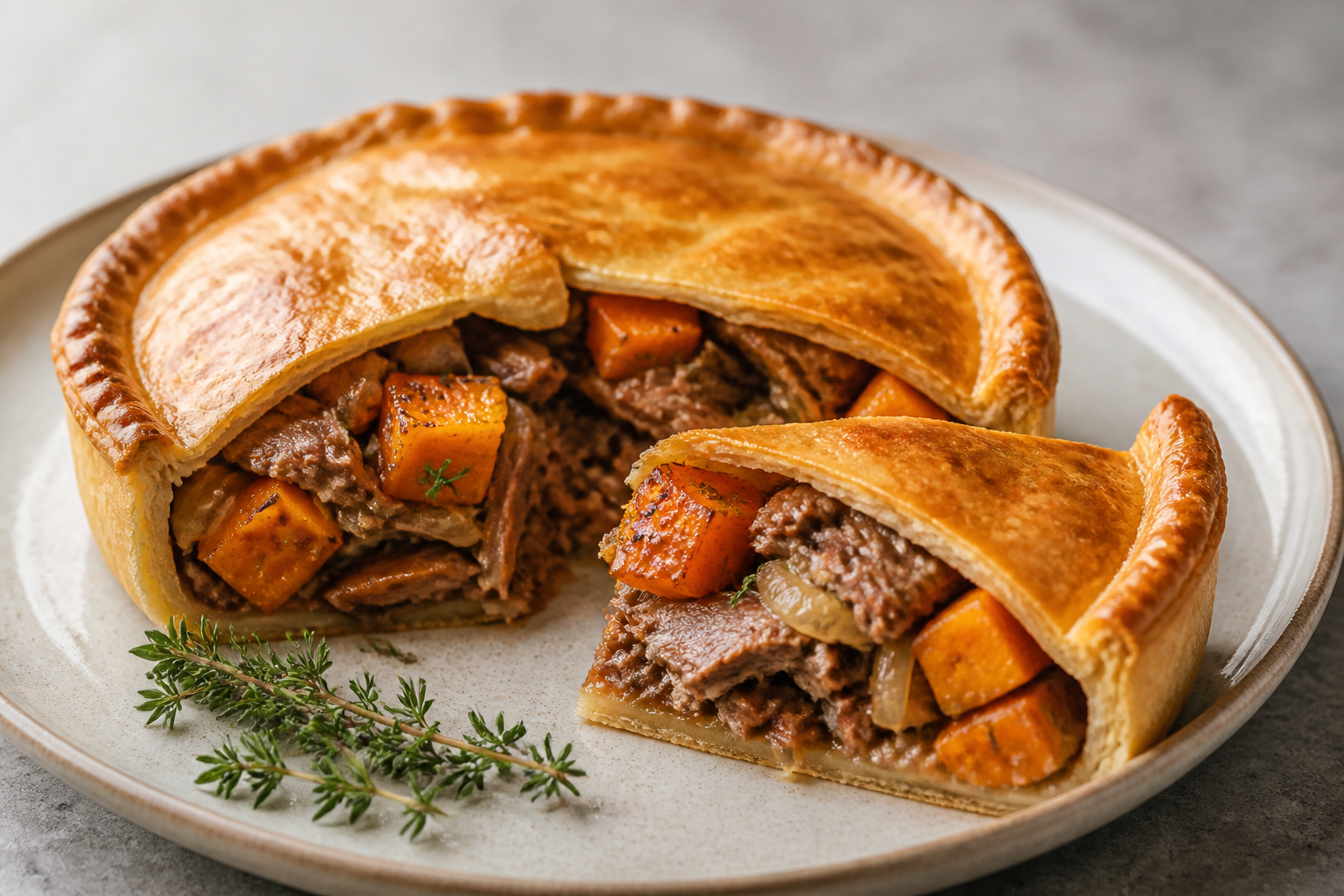 Patagonian lamb tart with thyme onions and roasted squash