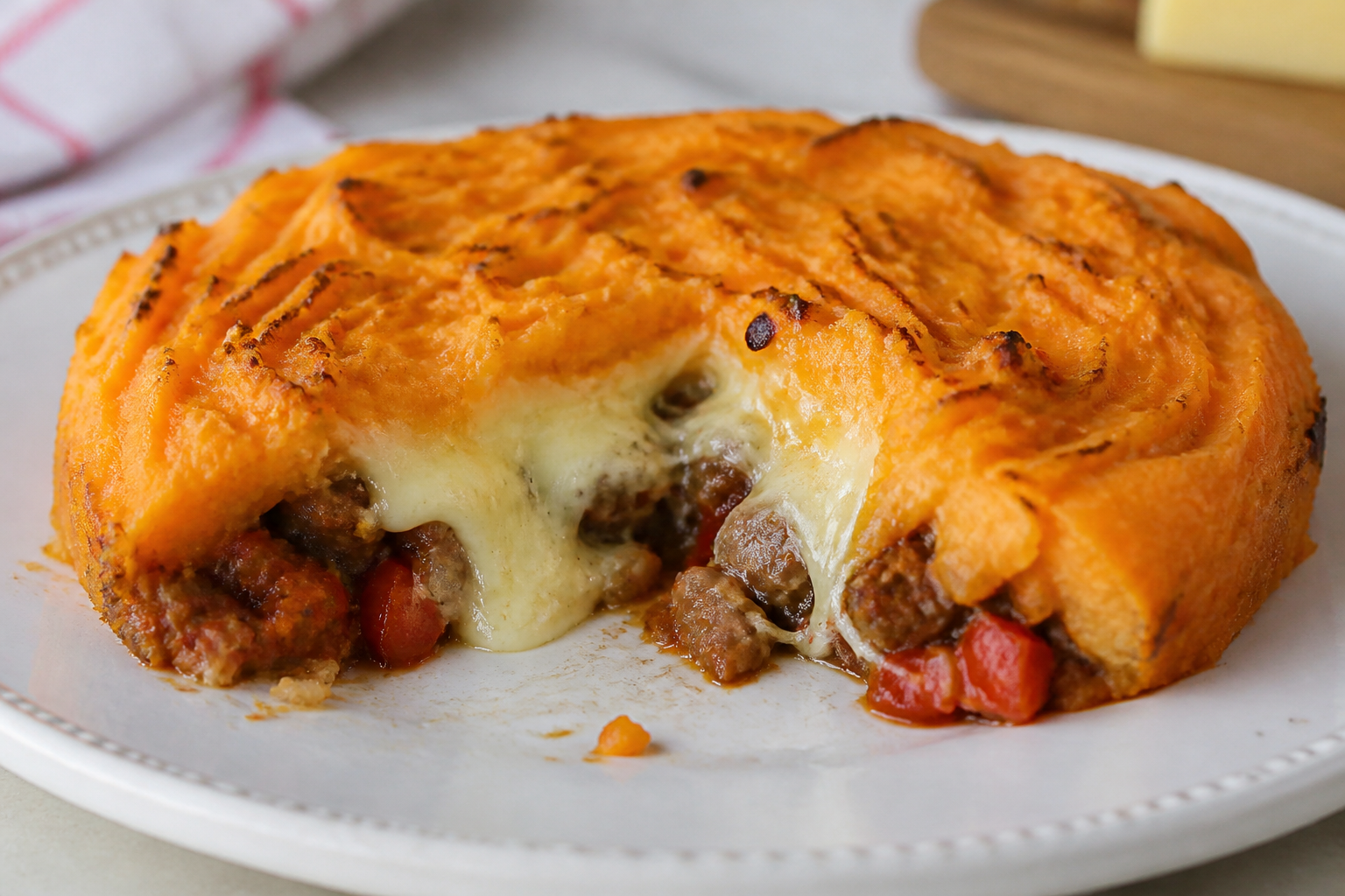 Pastelito pampeano de batata, carne cortada a cuchillo y corazón de provoleta al orégano