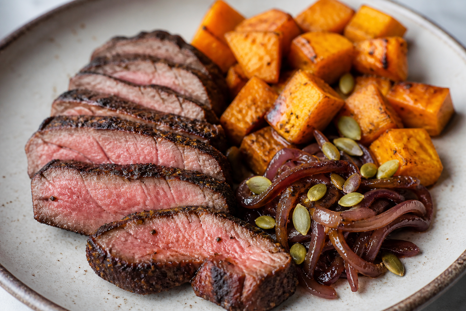 Criollo steak with mild coffee rub, roasted squash, balsamic onions, and crunchy pumpkin seeds