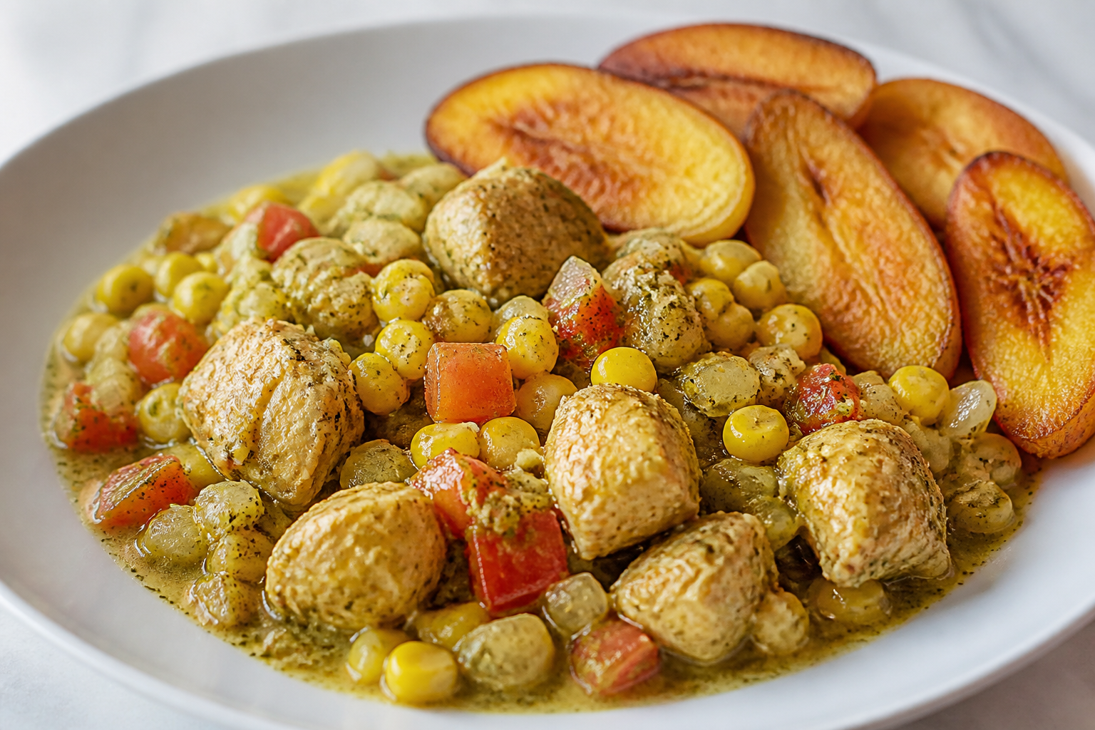 Honduran Chicken in Toasted Corn and Mint Sauce with Golden Sweet Plantain