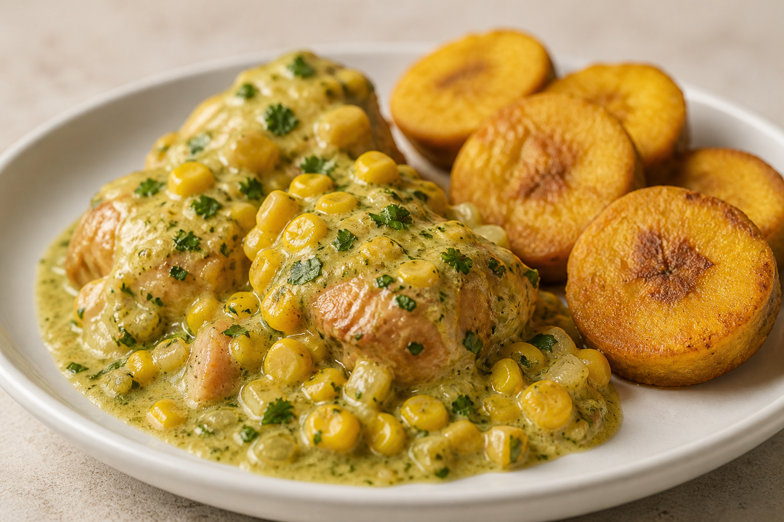 Pollo Catracho en Salsa de Maíz Tostado y Culantro con Tortitas de Plátano Verde