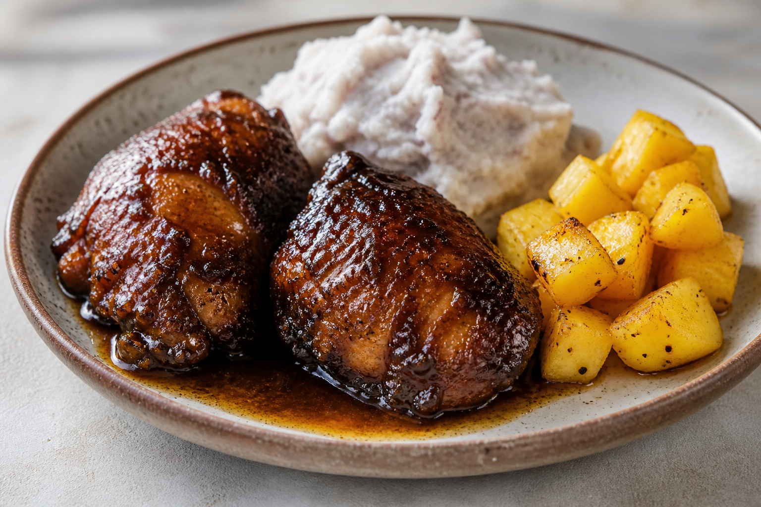 Honduran Chicken in Coffee and Sour Orange Adobo with Rustic Taro Mash and Roasted Pineapple Chimol