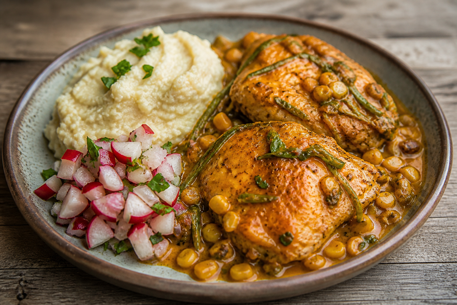Honduran Chicken in Toasted Corn and Loroco Sauce with Rustic Yuca Mash and Radish Chimol