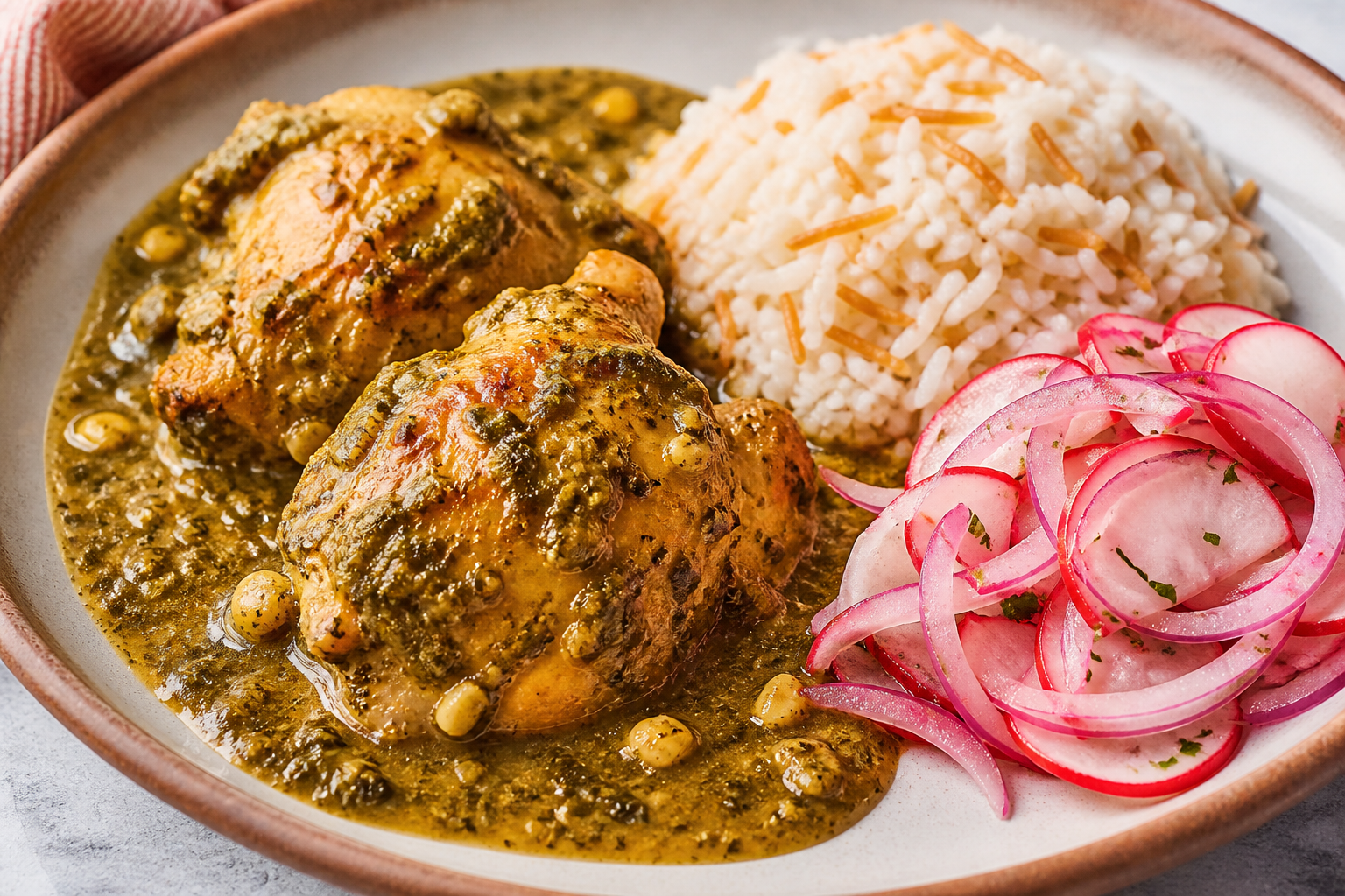 Pollo catracho en salsa de chipilín y maíz tostado con arroz de coco salado y curtido de rábano