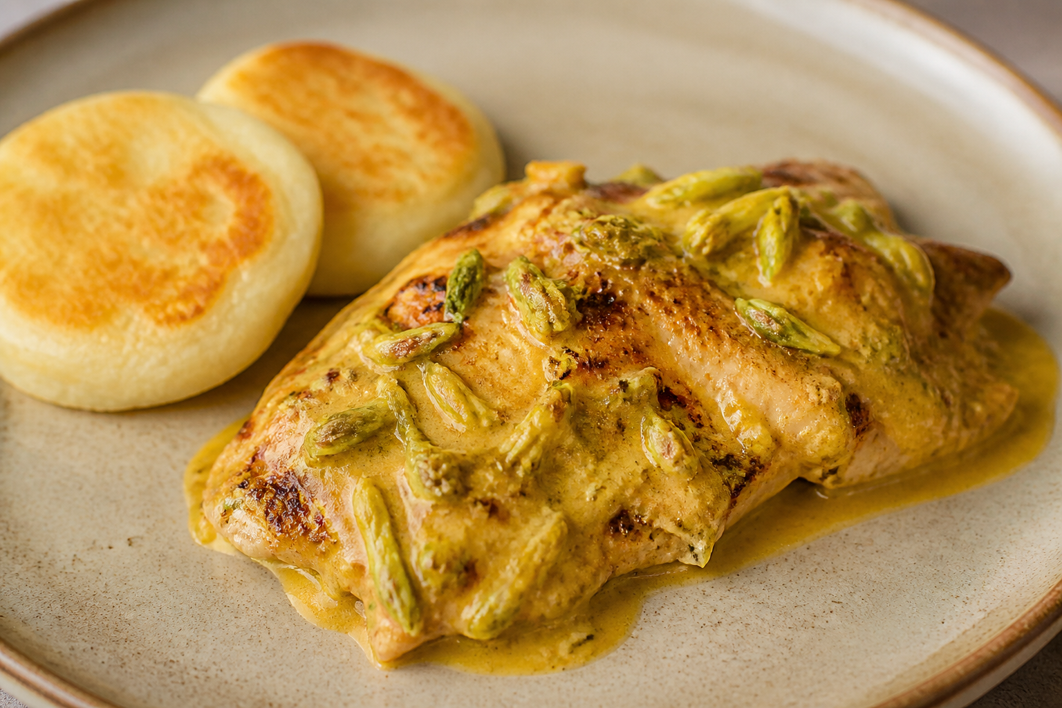 Honduran Chicken in Toasted Corn and Loroco Sauce with Soft Yuca Cakes