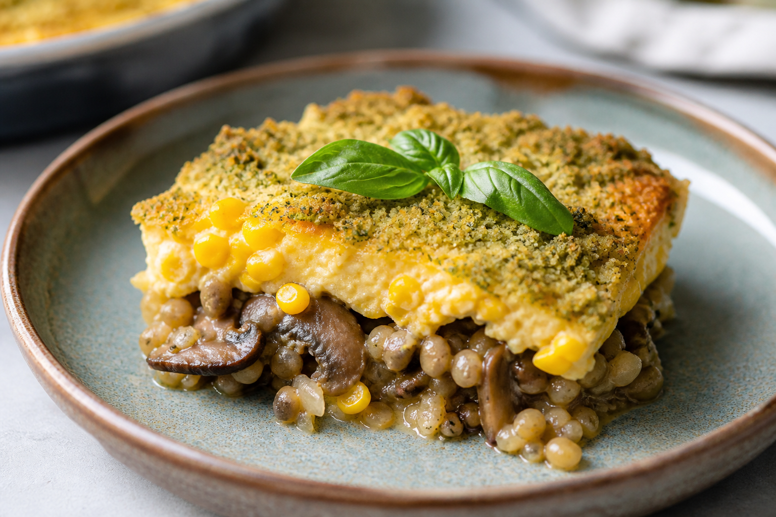 Chilean Corn and Mote Bake with Mushroom-Olive Filling and Basil Crust