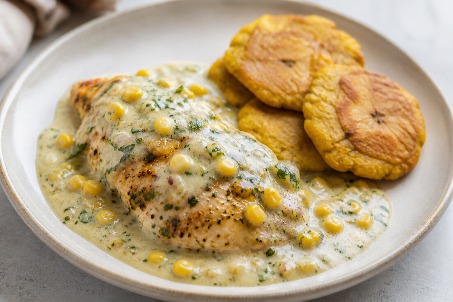 Pollo Catracho en Crema de Elote Tostado y Culantro con Tustacas de Plátano Verde