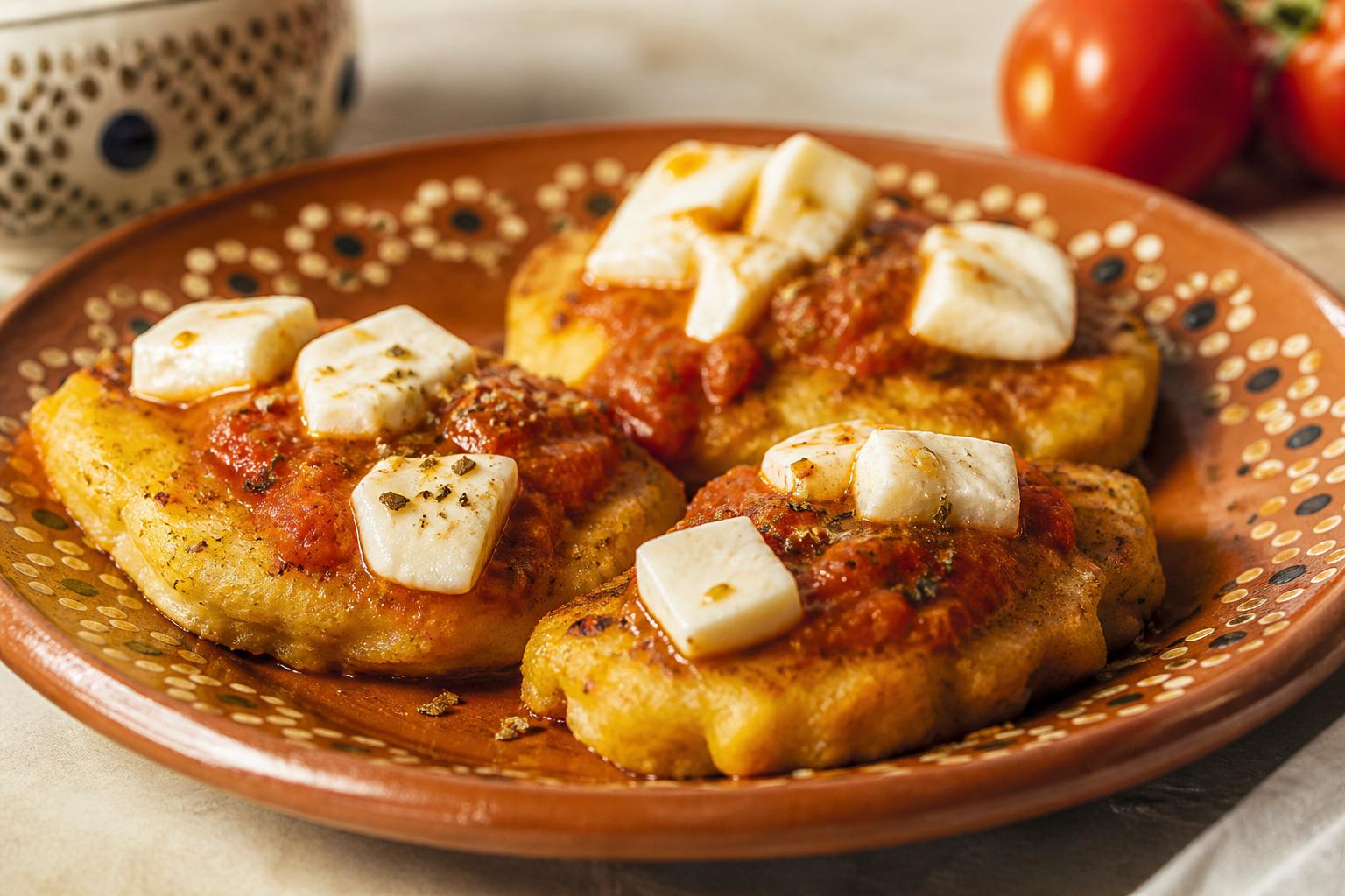 Salvadoran ripe plantain and white bean fritters with quesillo and oregano roasted tomato sauce