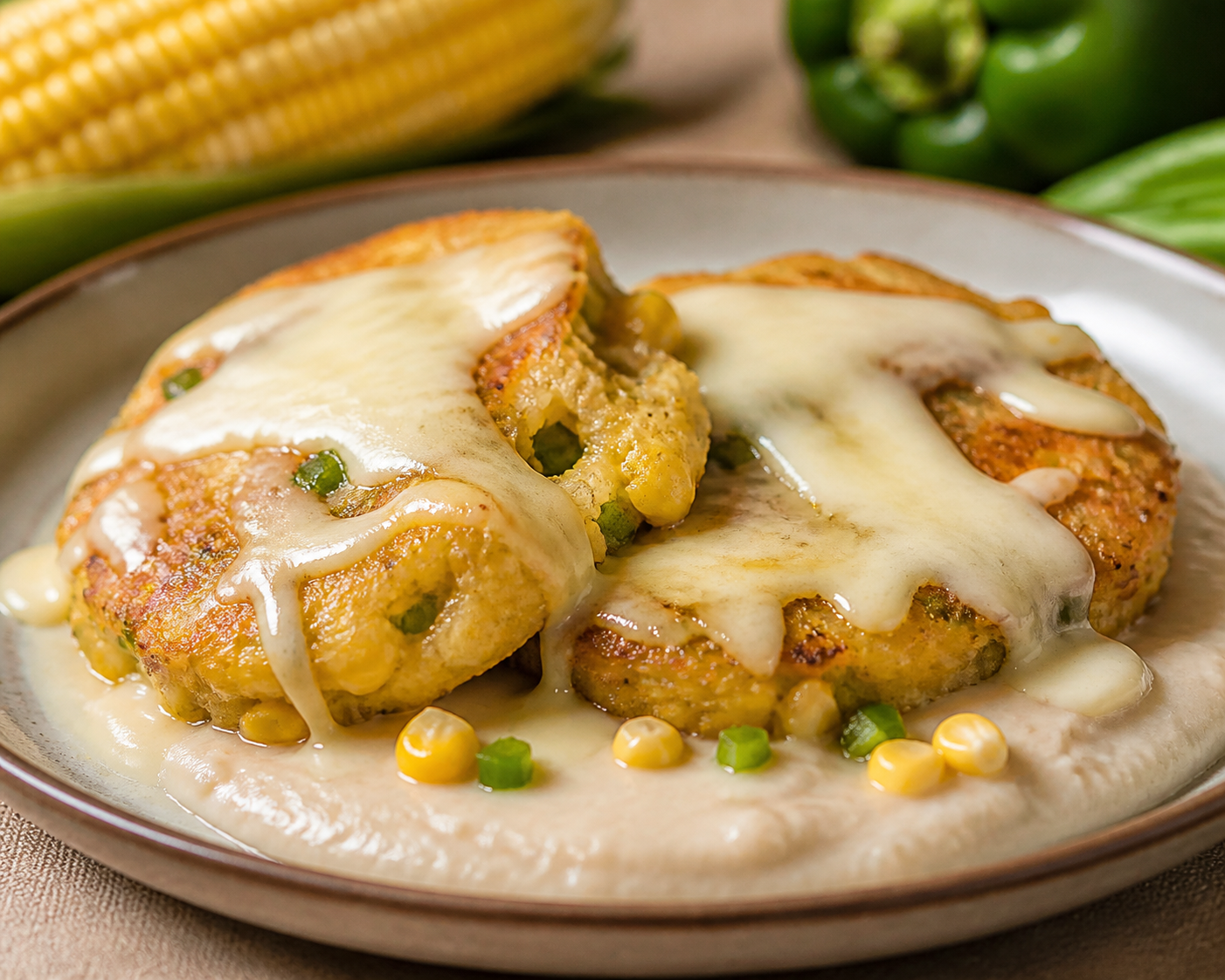 Salvadoran sweet corn and green chile cakes with quesillo over creamy white bean sauce