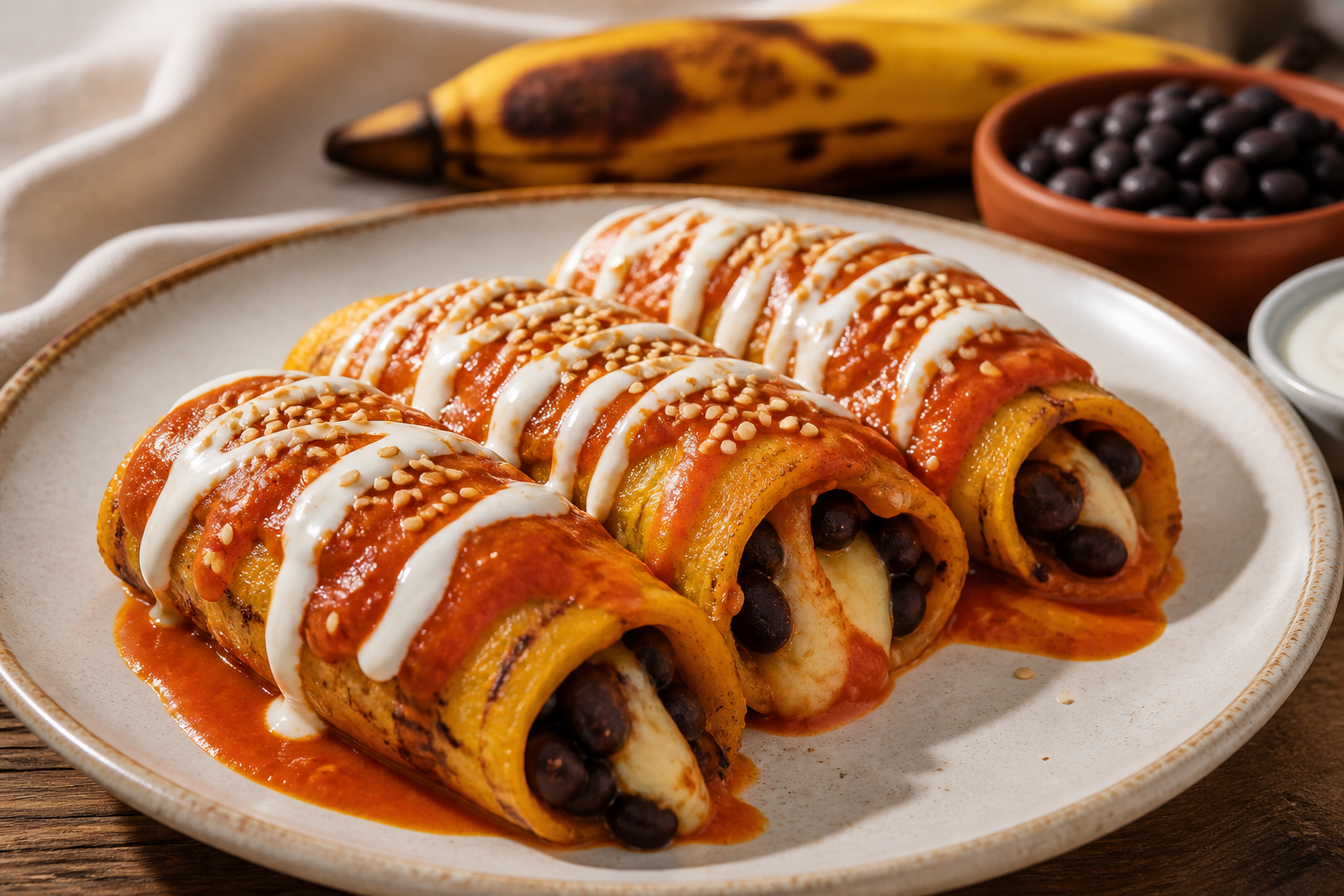 Rellenitos salados de plátano maduro con frijol negro, quesillo y salsa de tomate asado al ajonjolí